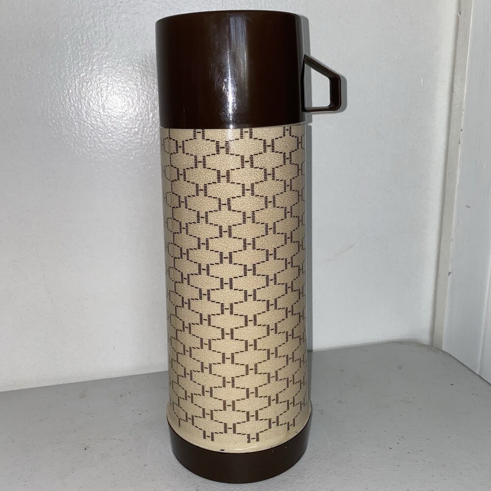 Vintage Aladdin Vacuum Thermos Complete Brown H Pattern